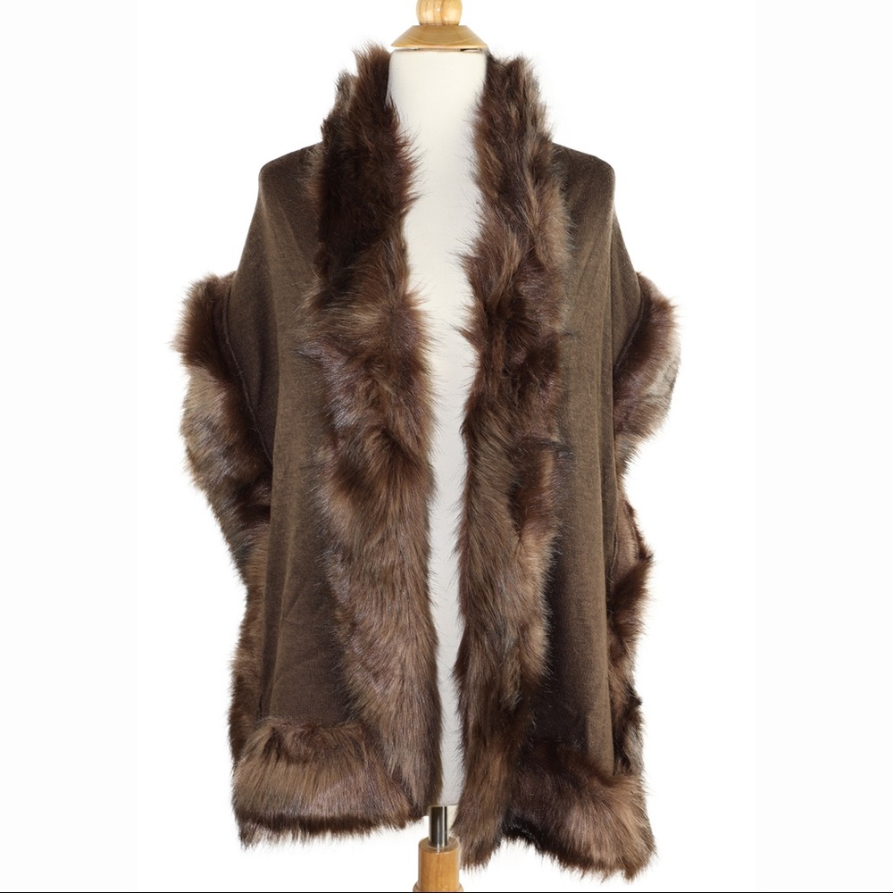 Coffee Faux Fur Trim Shawl Wrap Scarf